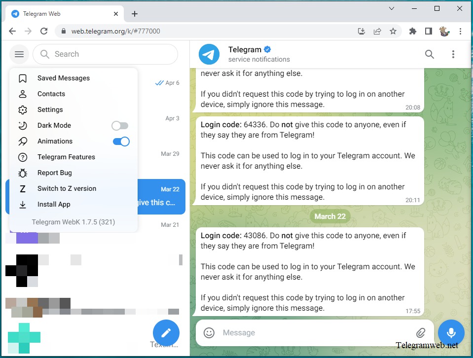 Giao diện của Telegram Web K