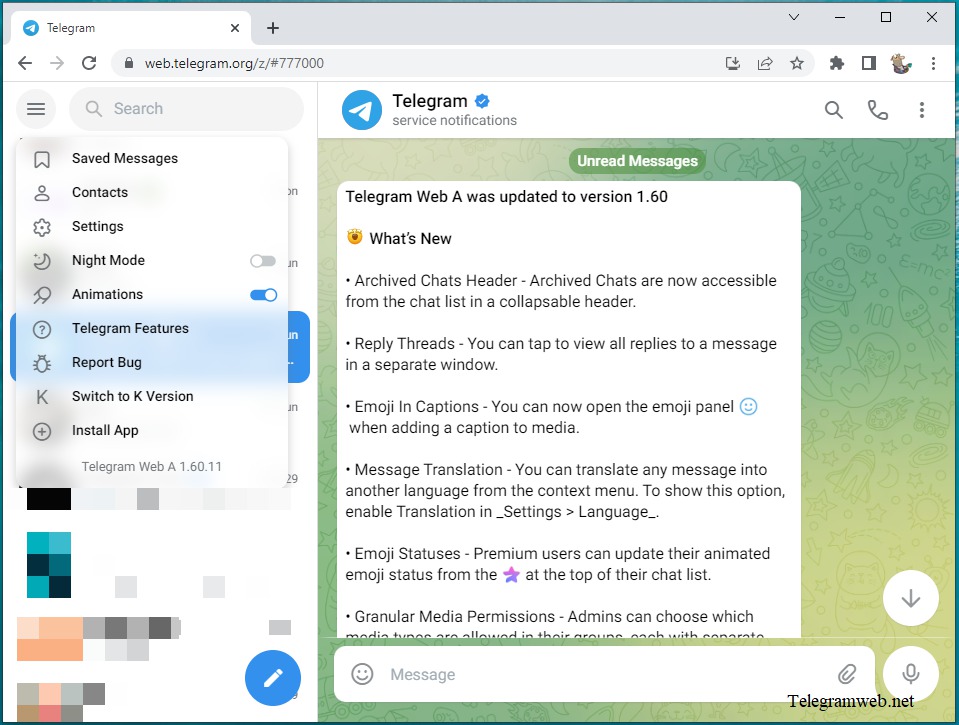 Giao diện của Telegram Web Z